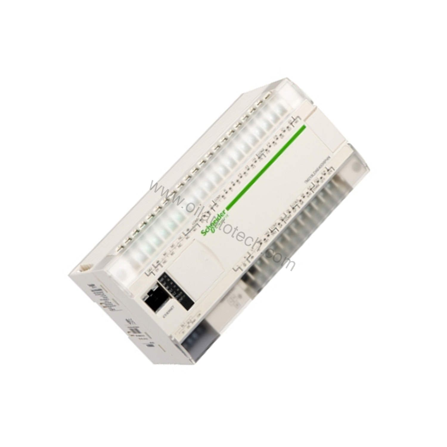 Figure 2: Technical layout and connection details for the Schneider TM218LDA40DR4PHN industrial automation component.