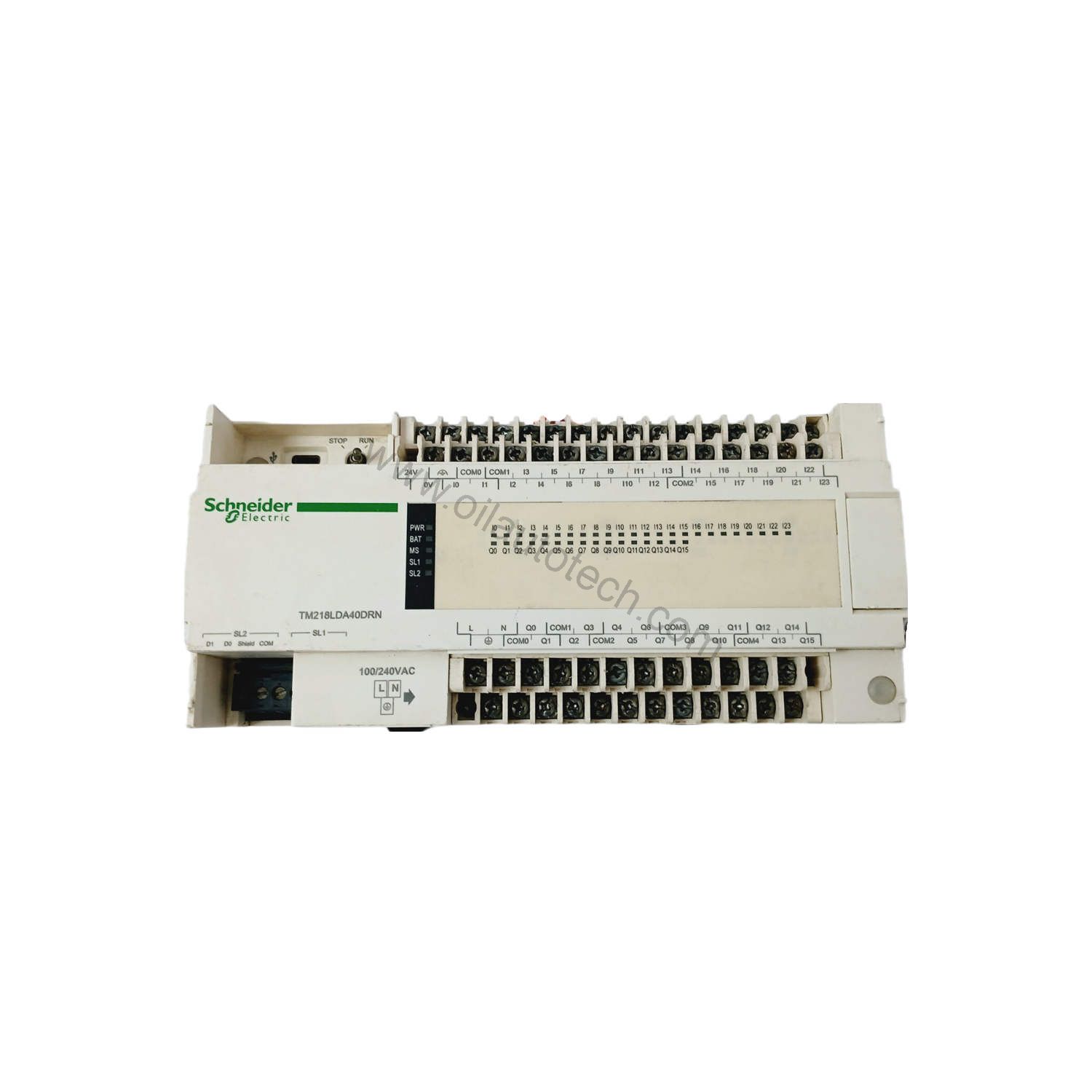 Figure 1: Front view of the Schneider TM218LDA40DRN industrial automation component showing its physical design and enclosure.
