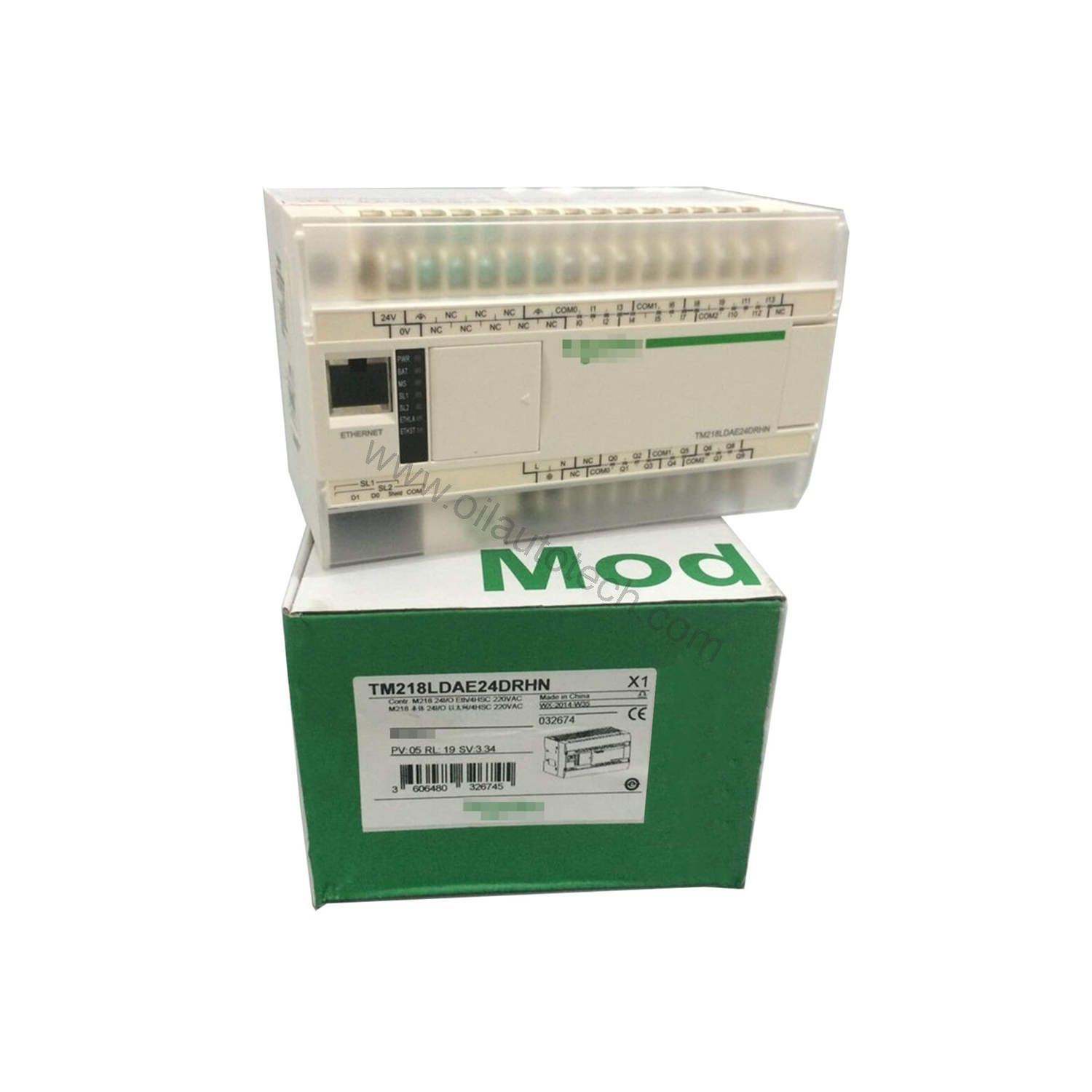 Figure 1: Front view of the Schneider TM218LDAE24DRHN industrial automation component showing its physical design and enclosure.