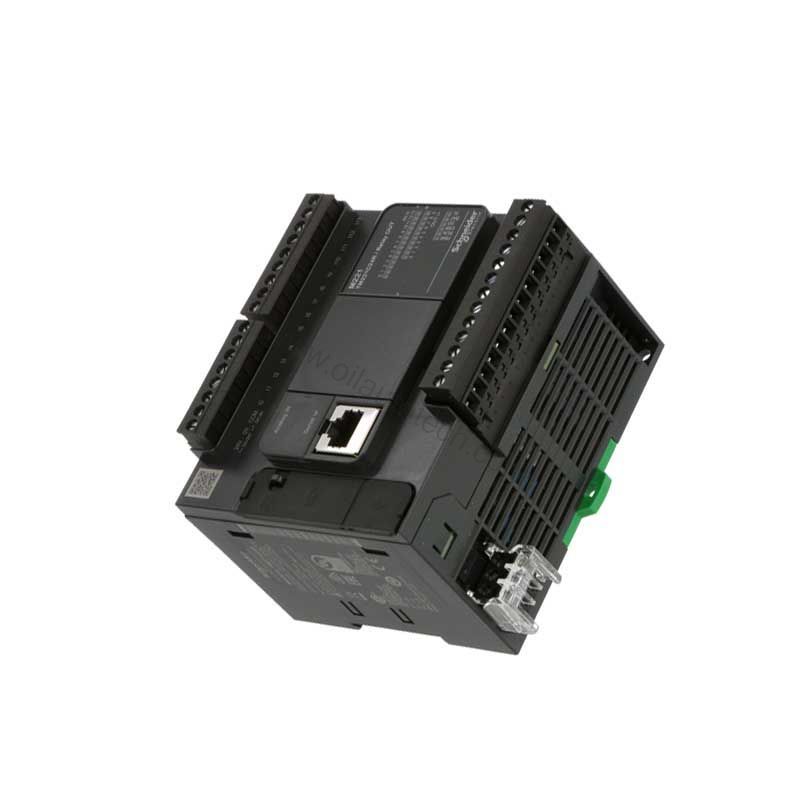 Figure 1: Front view of the Schneider TM221C24R industrial automation component showing its physical design and enclosure.