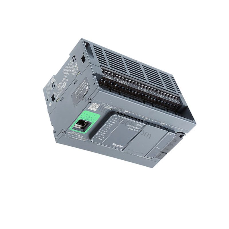 Figure 2: Technical layout and connection details for the Schneider TM241CEC24R industrial automation component.