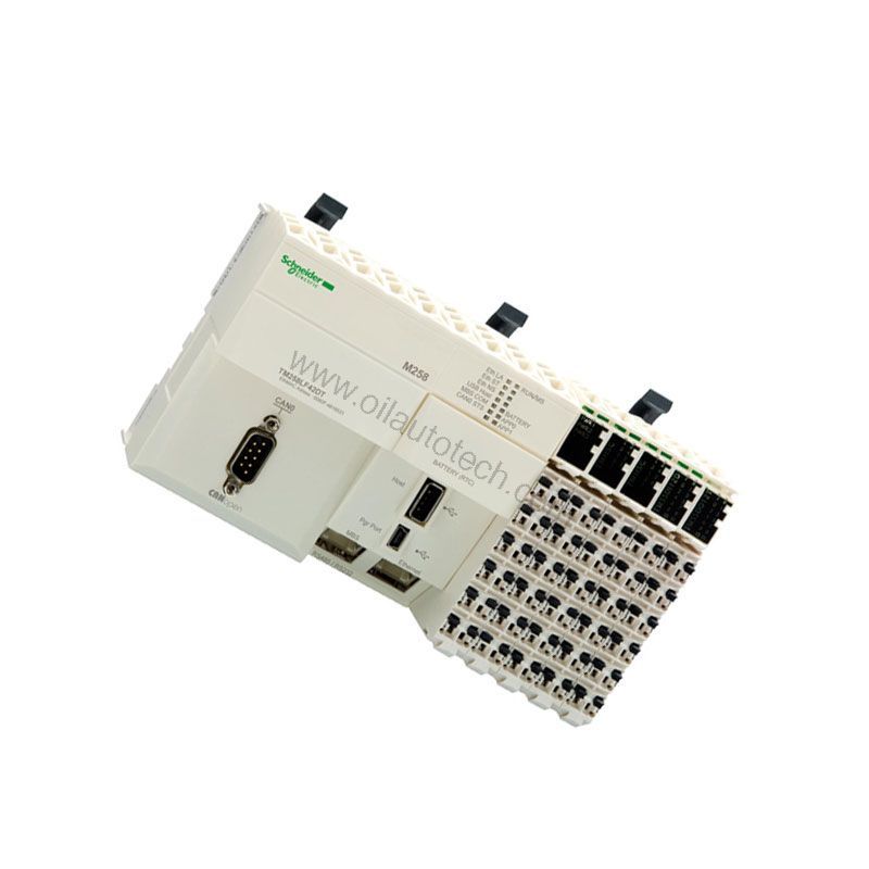 Figure 2: Technical layout and connection details for the Schneider TM258LD42DR industrial automation component.