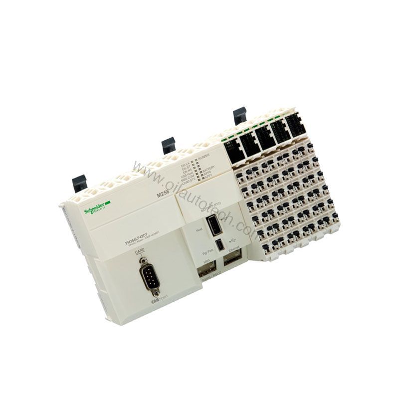 Figure 1: Front view of the Schneider TM258LF66DT4L industrial automation component showing its physical design and enclosure.