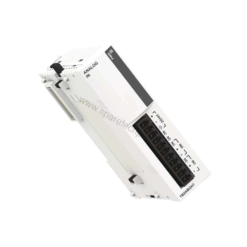 Figure 1: Front view of the Schneider TM2AMI2HT industrial automation component showing its physical design and enclosure.