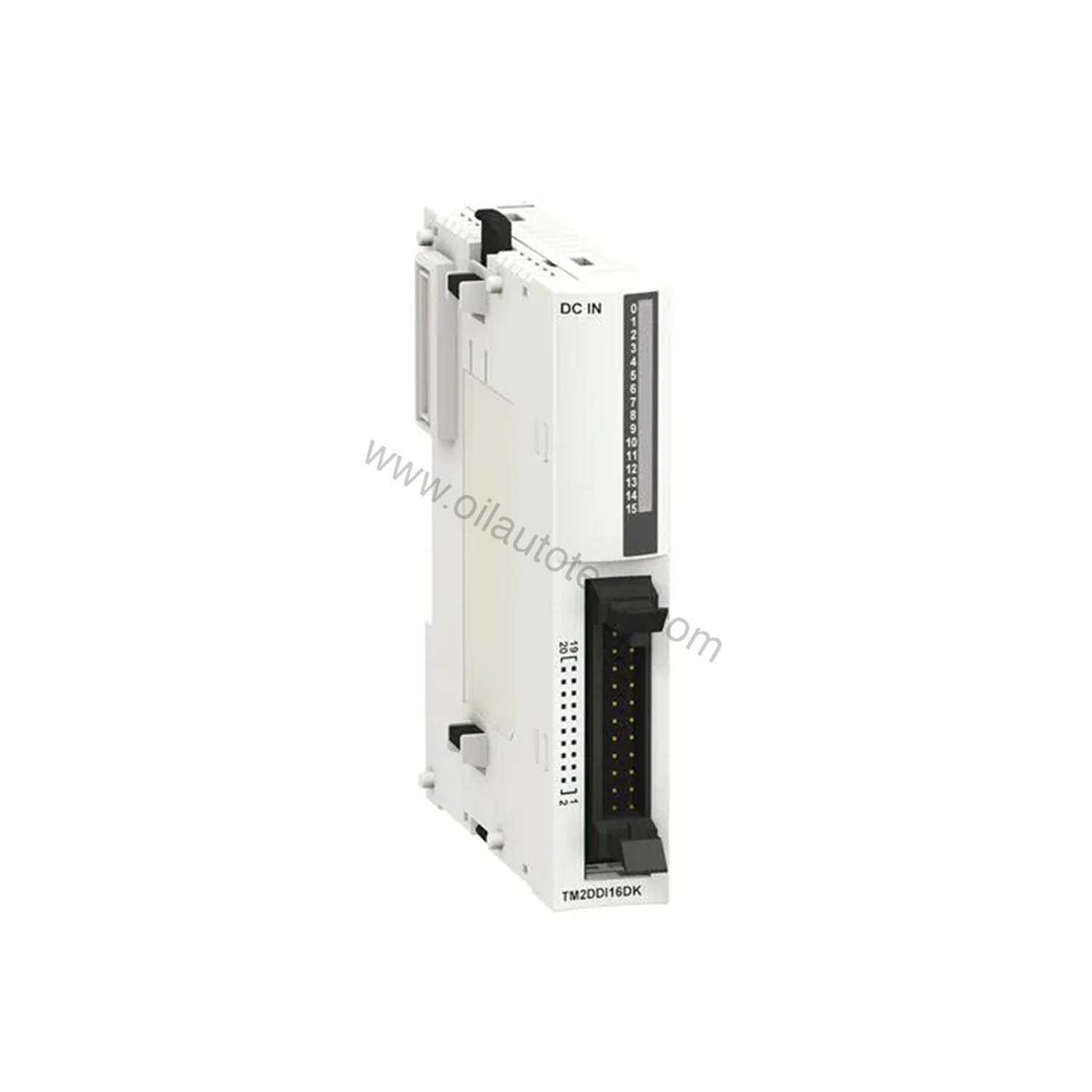 Figure 1: Front view of the Schneider TM2DDI8DT industrial automation component showing its physical design and enclosure.