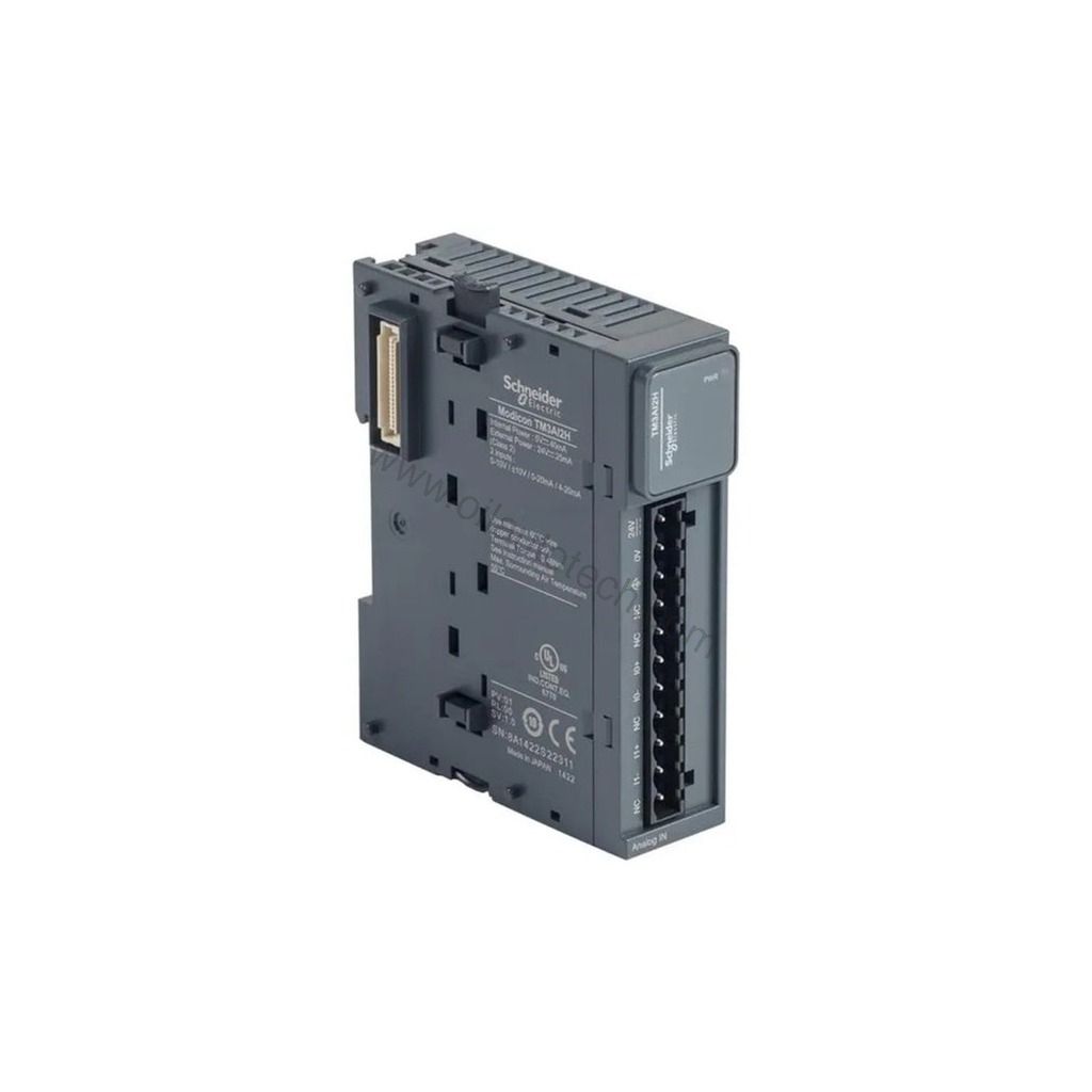 Figure 1: Front view of the Schneider TM3AI2H industrial automation component showing its physical design and enclosure.