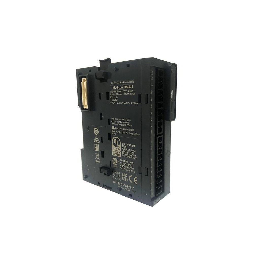 Figure 1: Front view of the Schneider TM3AI4 industrial automation component showing its physical design and enclosure.