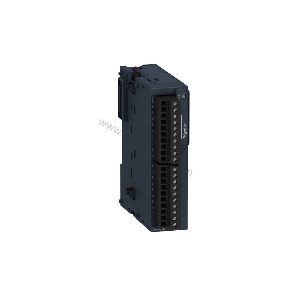 Figure 1: Front view of the Schneider TM3AI8 industrial automation component showing its physical design and enclosure.