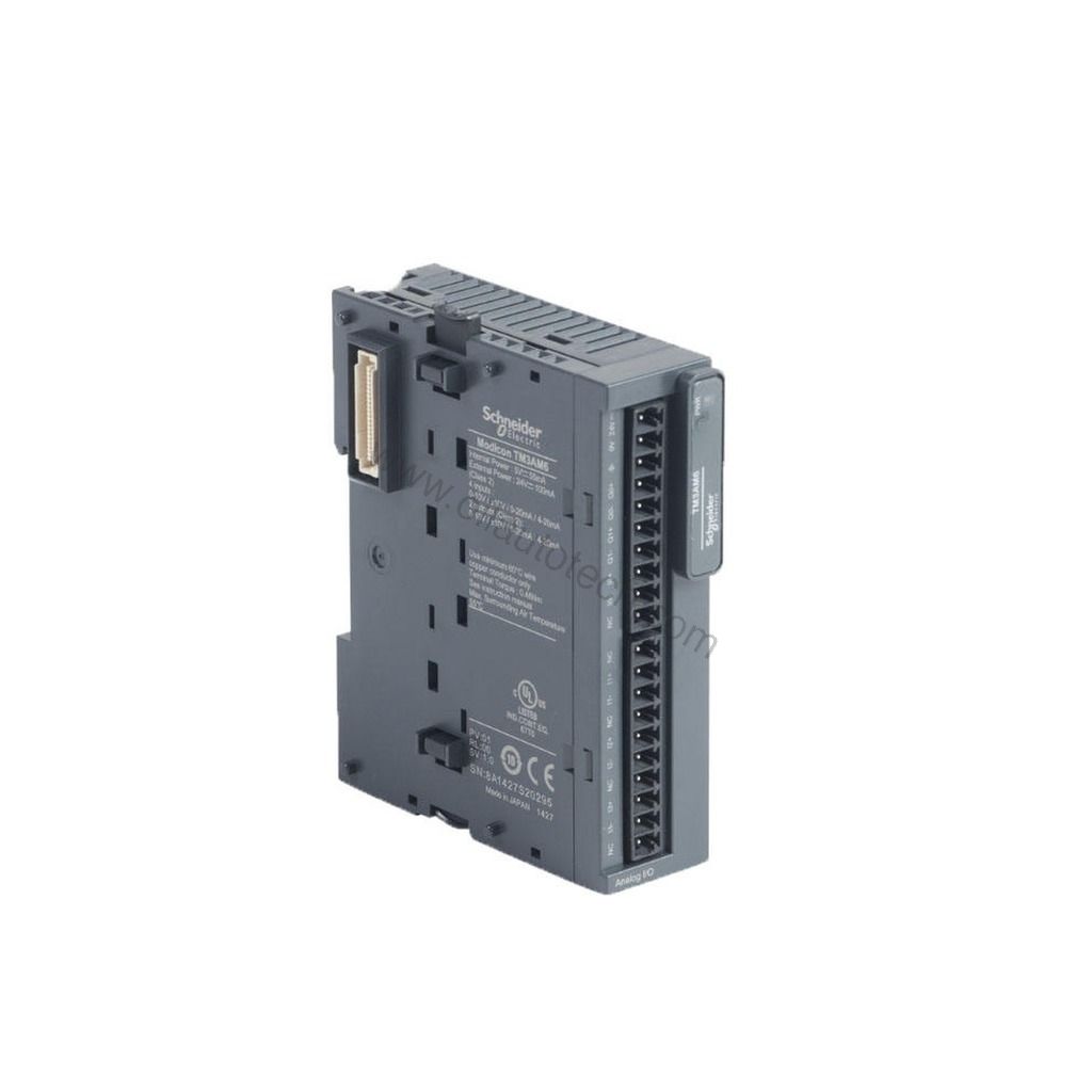 Figure 1: Front view of the Schneider TM3AM6 industrial automation component showing its physical design and enclosure.
