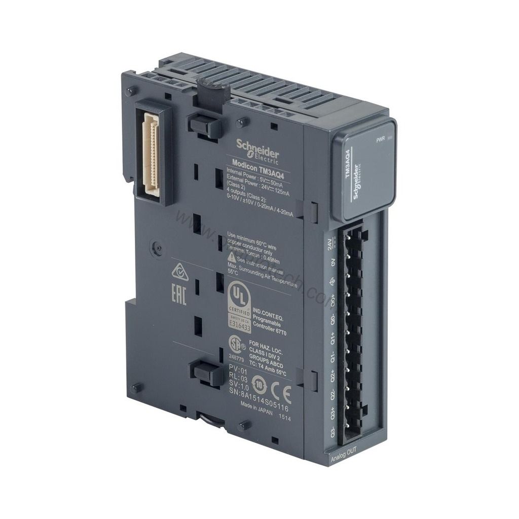 Figure 1: Front view of the Schneider TM3AQ4 industrial automation component showing its physical design and enclosure.