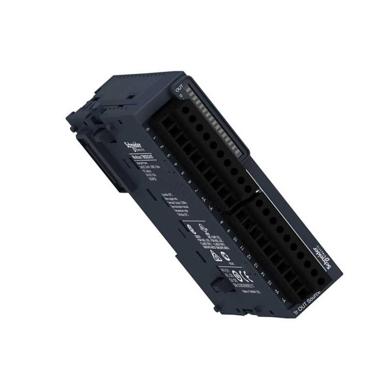Figure 1: Front view of the Schneider TM3DQ16T industrial automation component showing its physical design and enclosure.