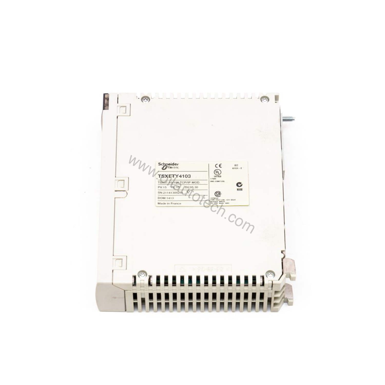 Figure 1: Front view of the Schneider TSXETY4103 industrial automation component showing its physical design and enclosure.