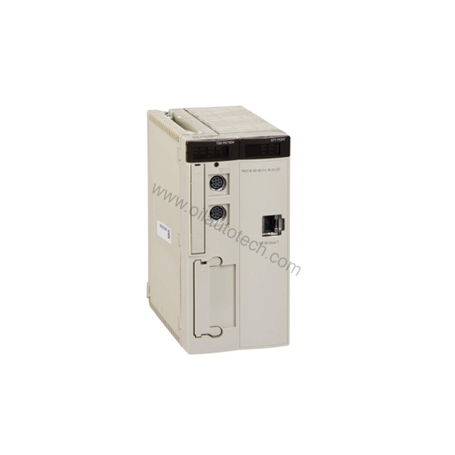 Figure 1: Front view of the Schneider TSXP57104M industrial automation component showing its physical design and enclosure.
