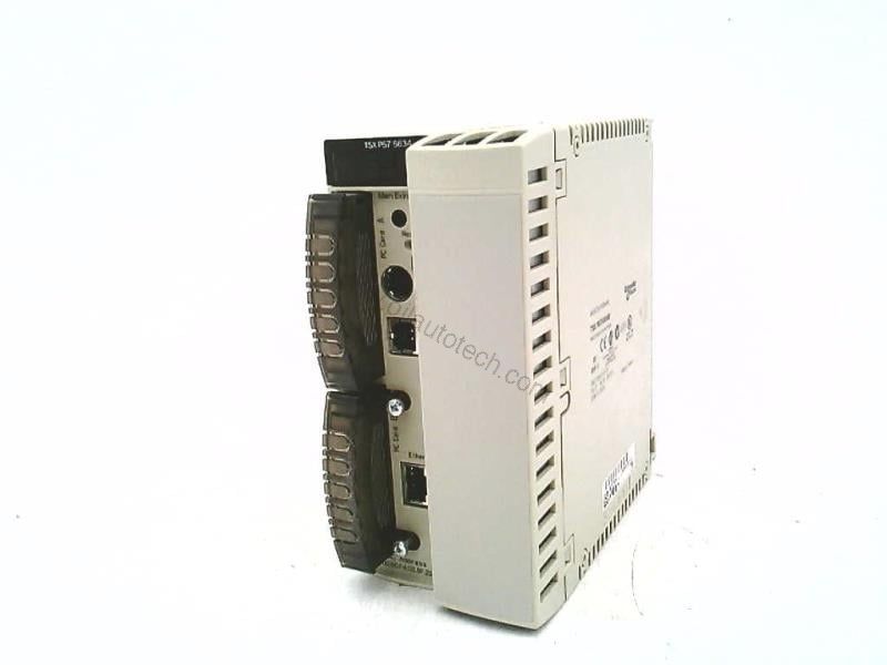 Figure 1: Front view of the Schneider TSXP575634M industrial automation component showing its physical design and enclosure.