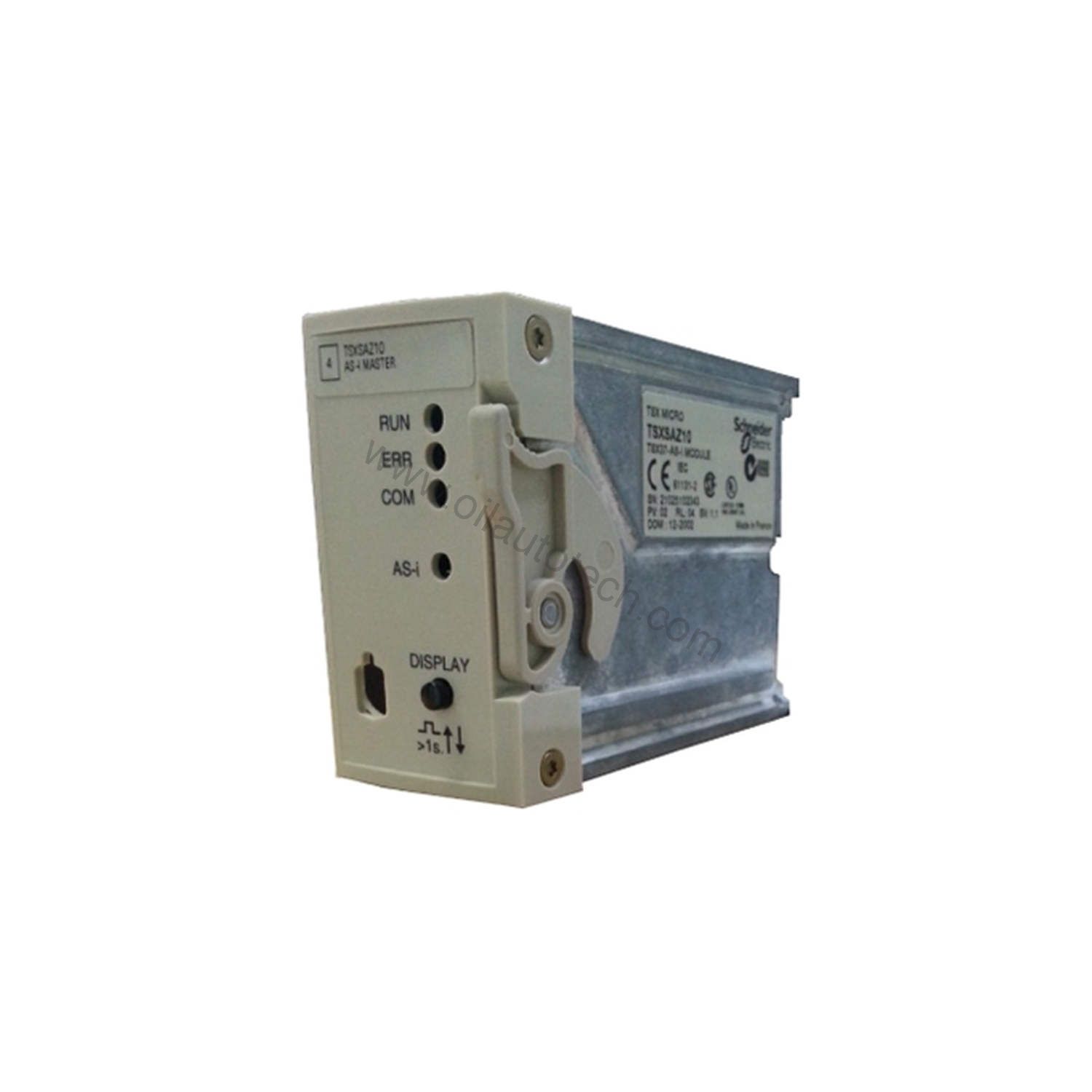 Figure 1: Front view of the Schneider TSXSAZ10 industrial automation component showing its physical design and enclosure.